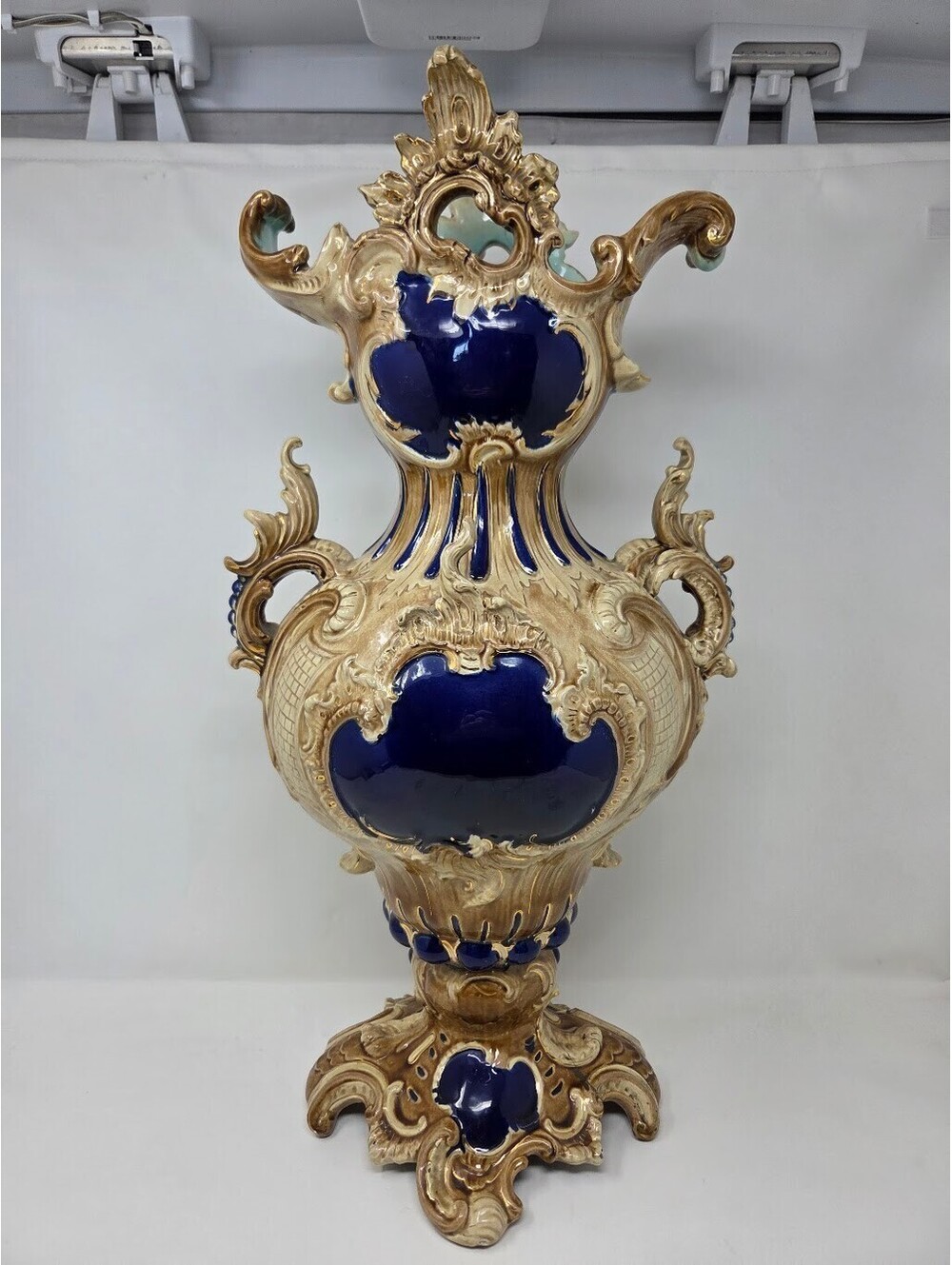 Large Baroque Style Blue Gold Glazed Ceramic Floor Vase Ornate Decor Art